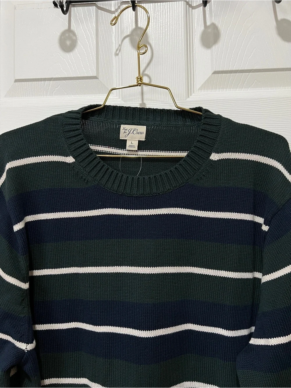 J.Crew Knit Heritage Crew Stripe Sweater Sz Large Cotton Green Navy Long Sleeve